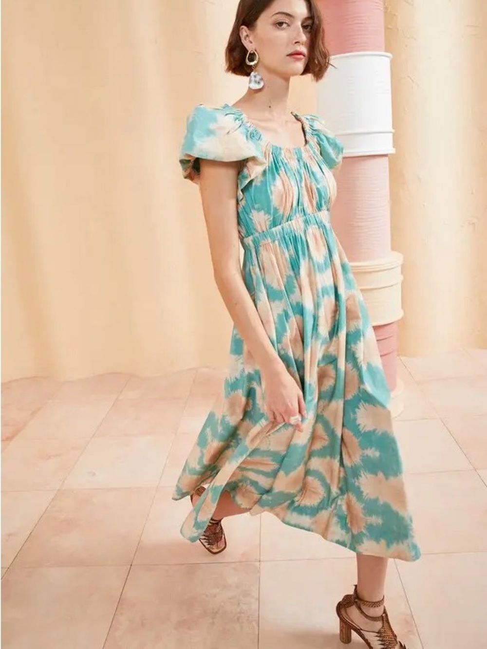 ULLA JOHNSON Nanette Calcite tie-dye print Dress Blue Tan Colors Size 4